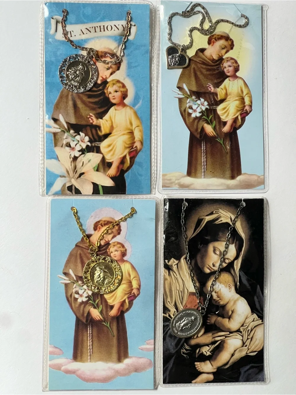 St. Anthony & Madonna Prayer Card Necklaces - Religious Medal Set, Blue & Black